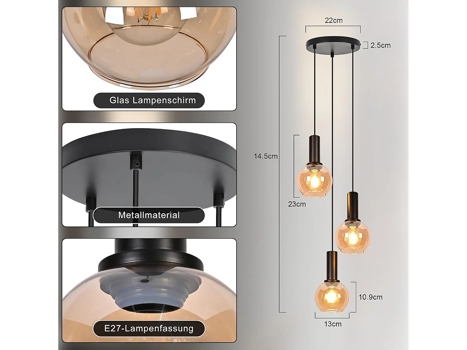 NETTLIFE Lampa wisząca w stylu vintage z bursztynowego szkła z 3 żarówkami E27, żyrandol z regulacją wysokości, oświetlenie retro (żarówki nie są dołączone)