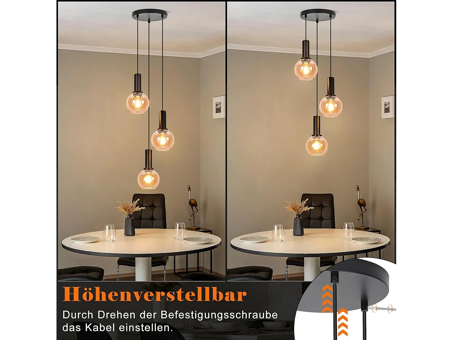 NETTLIFE Lampa wisząca w stylu vintage z bursztynowego szkła z 3 żarówkami E27, żyrandol z regulacją wysokości, oświetlenie retro (żarówki nie są dołączone)