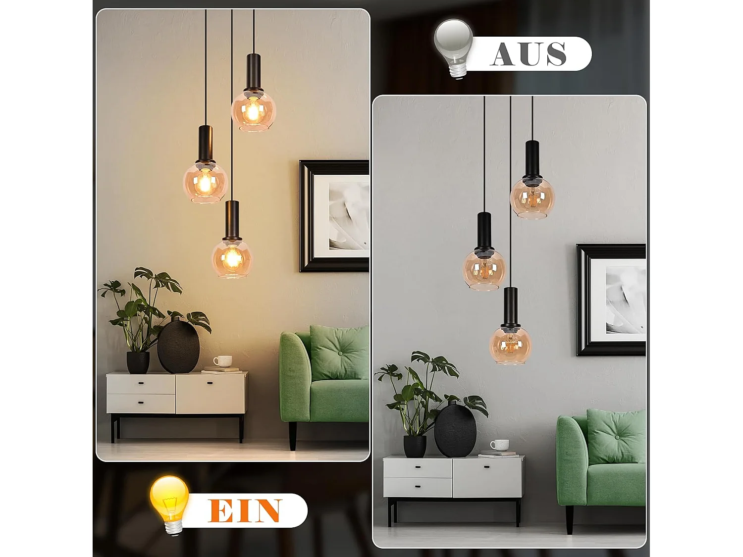 NETTLIFE Lampa wisząca w stylu vintage z bursztynowego szkła z 3 żarówkami E27, żyrandol z regulacją wysokości, oświetlenie retro (żarówki nie są dołączone)