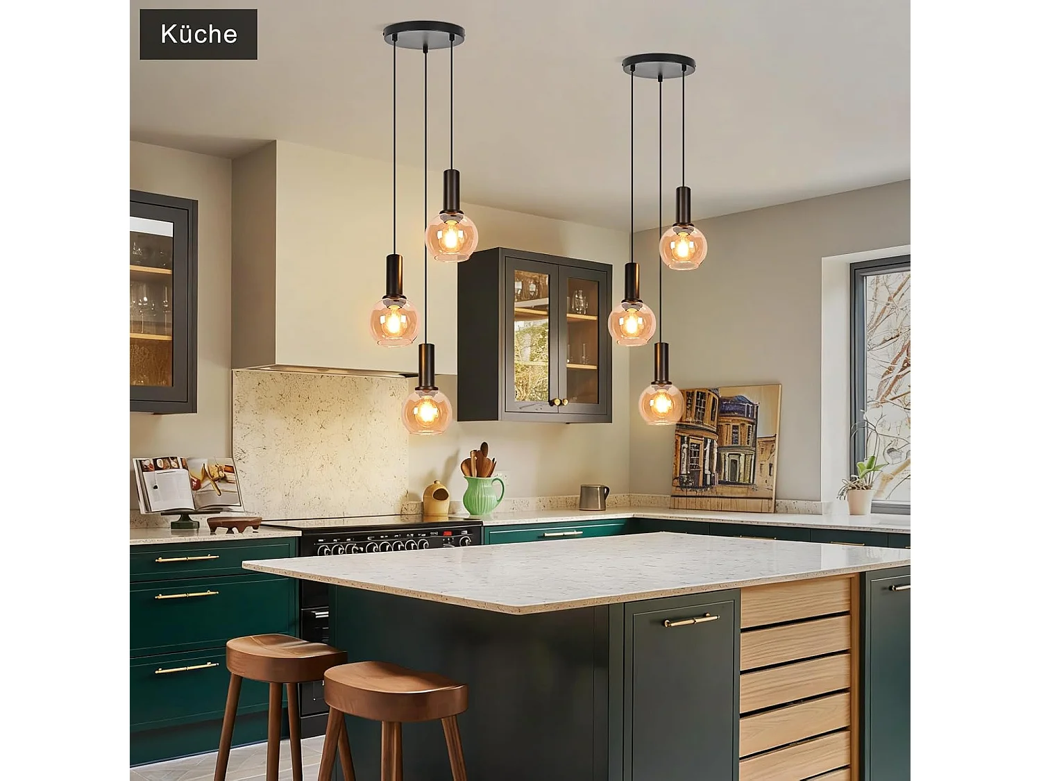 NETTLIFE Lampa wisząca w stylu vintage z bursztynowego szkła z 3 żarówkami E27, żyrandol z regulacją wysokości, oświetlenie retro (żarówki nie są dołączone)