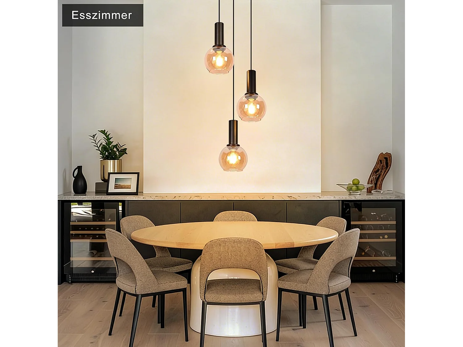 NETTLIFE Lampa wisząca w stylu vintage z bursztynowego szkła z 3 żarówkami E27, żyrandol z regulacją wysokości, oświetlenie retro (żarówki nie są dołączone)