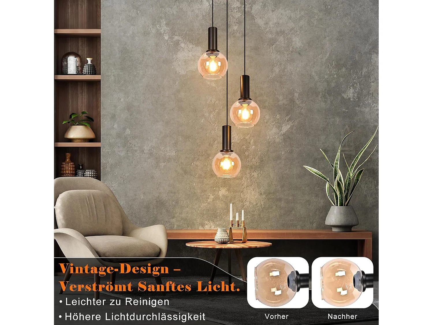 NETTLIFE Lampa wisząca w stylu vintage z bursztynowego szkła z 3 żarówkami E27, żyrandol z regulacją wysokości, oświetlenie retro (żarówki nie są dołączone)