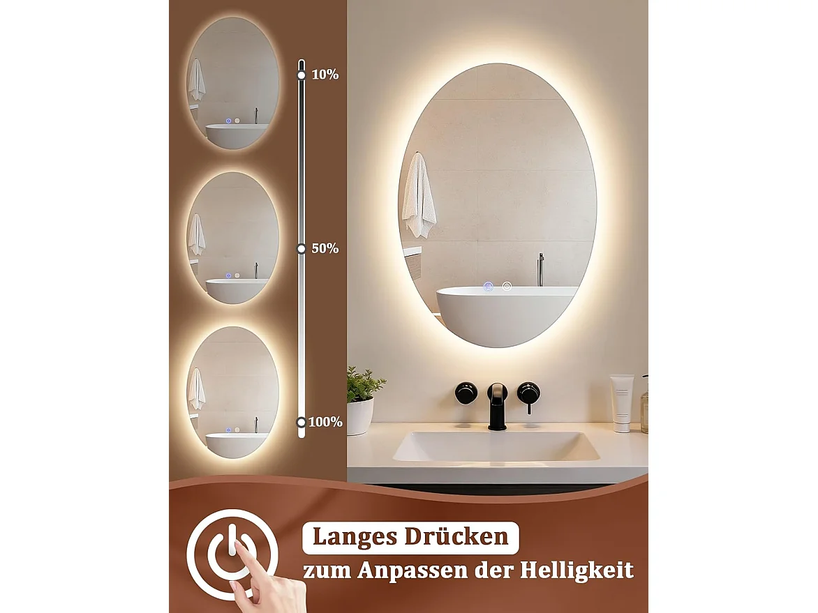 Nettlife Miroir de Salle de Bain Ovale LED 50 × 70 cm, Tactile, Antibuée, Dimmable 3000-6500 K, IP44, Mural. Miroir Lumineux Design., Intensité lumineuse réglable