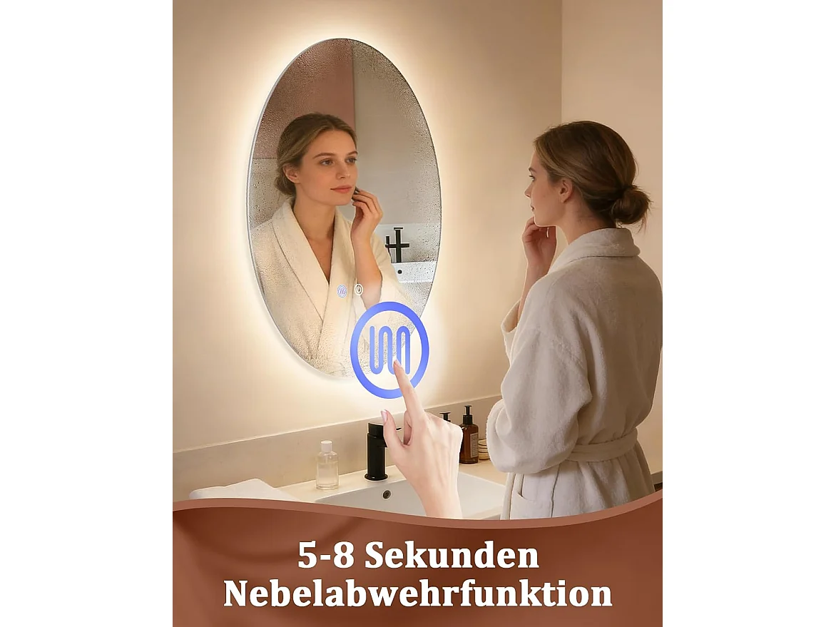 Nettlife Miroir de Salle de Bain Ovale LED 50 × 70 cm, Tactile, Antibuée, Dimmable 3000-6500 K, IP44, Mural. Miroir Lumineux Design., Intensité lumineuse réglable
