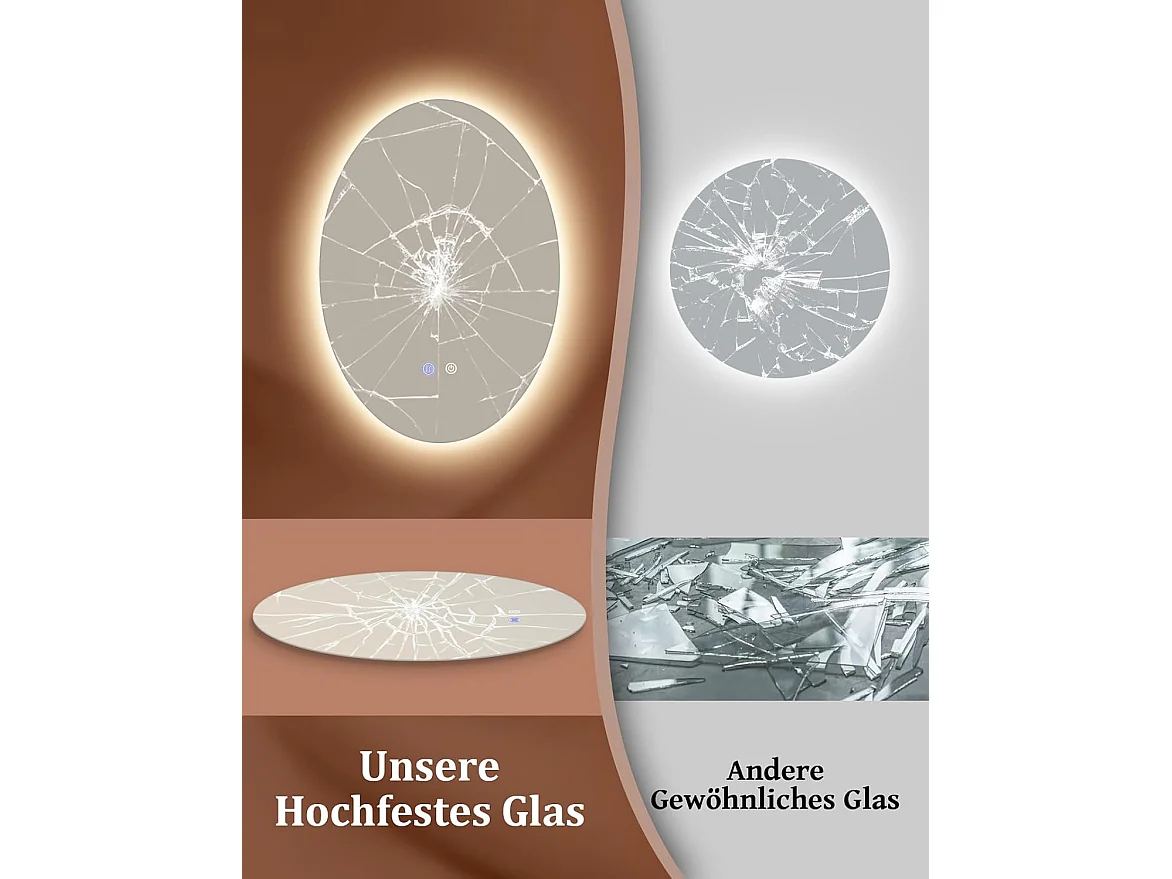 Nettlife Miroir de Salle de Bain Ovale LED 50 × 70 cm, Tactile, Antibuée, Dimmable 3000-6500 K, IP44, Mural. Miroir Lumineux Design., Intensité lumineuse réglable