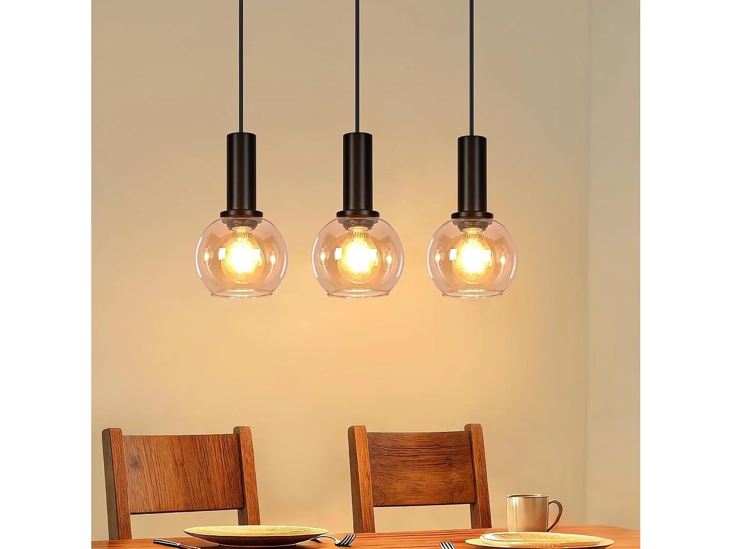 NETTLIFE Lampa wisząca w stylu vintage z 3 żarówkami E27, złoty szklany żyrandol do jadalni, regulowana wysokość, oprawa oświetleniowa w stylu