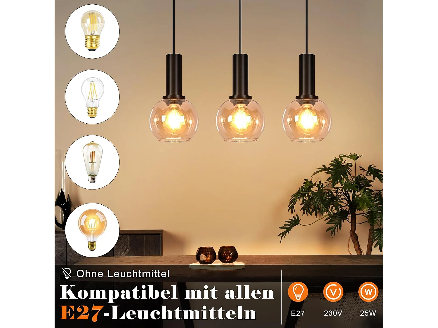 NETTLIFE Lampa wisząca w stylu vintage z 3 żarówkami E27, złoty szklany żyrandol do jadalni, regulowana wysokość, oprawa oświetleniowa w stylu