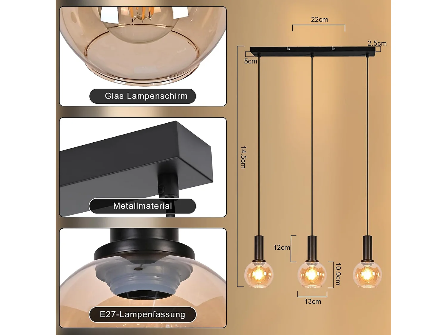 NETTLIFE Lampa wisząca w stylu vintage z 3 żarówkami E27, złoty szklany żyrandol do jadalni, regulowana wysokość, oprawa oświetleniowa w stylu