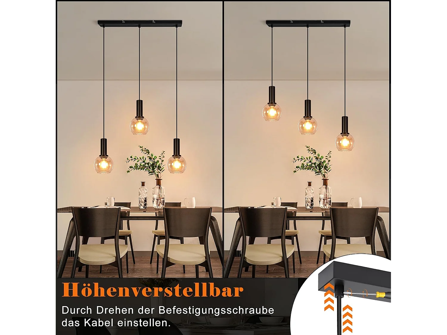 NETTLIFE Lampa wisząca w stylu vintage z 3 żarówkami E27, złoty szklany żyrandol do jadalni, regulowana wysokość, oprawa oświetleniowa w stylu