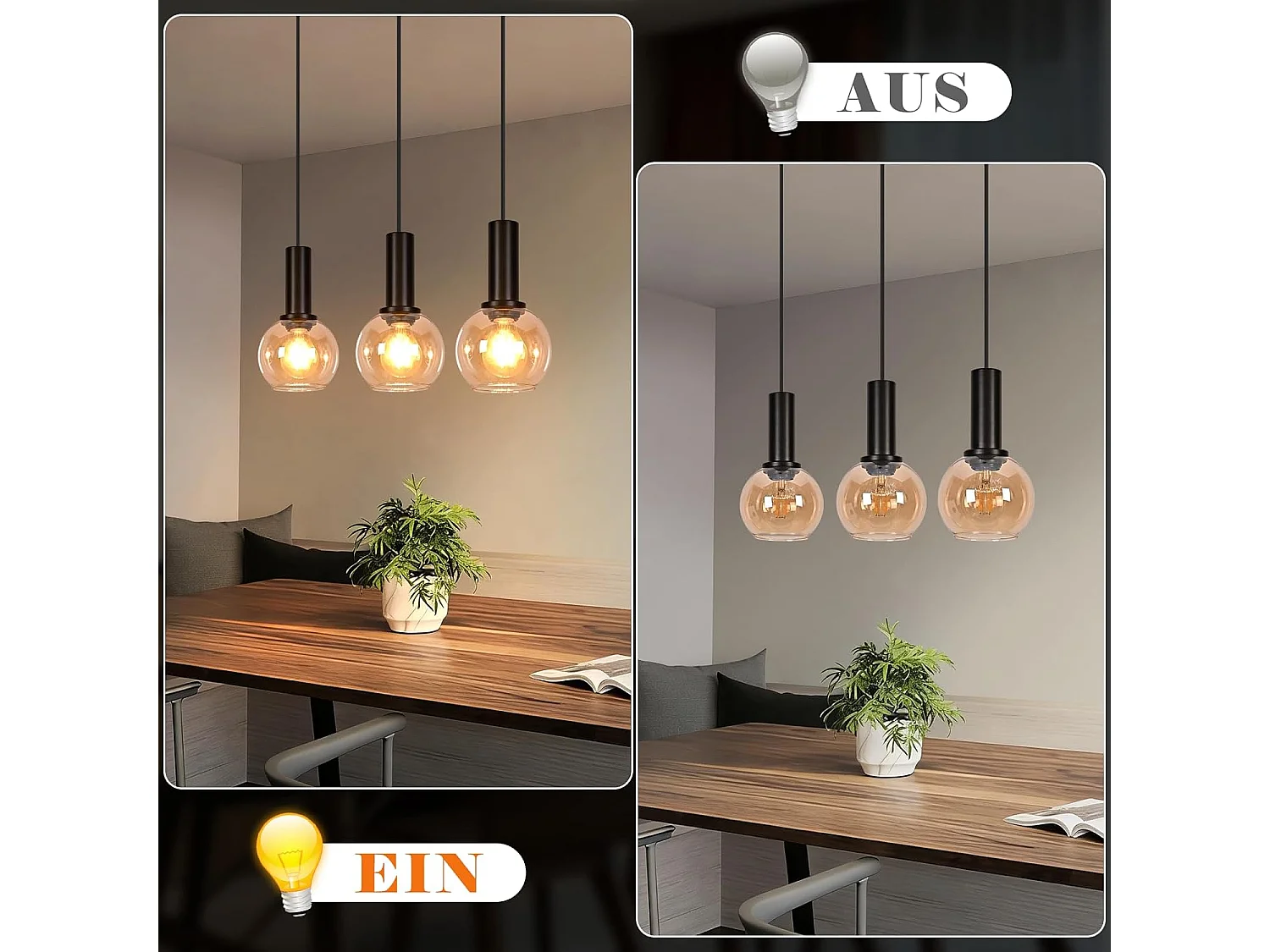 NETTLIFE Lampa wisząca w stylu vintage z 3 żarówkami E27, złoty szklany żyrandol do jadalni, regulowana wysokość, oprawa oświetleniowa w stylu