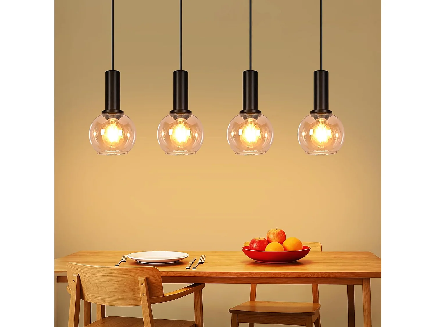 NETTLIFE Lampa wisząca ze szkła w stylu vintage z 4 żarówkami E27, żyrandol z regulacją wysokości, oświetlenie retro do jadalni i salonu (żarówki nie są dołączone)