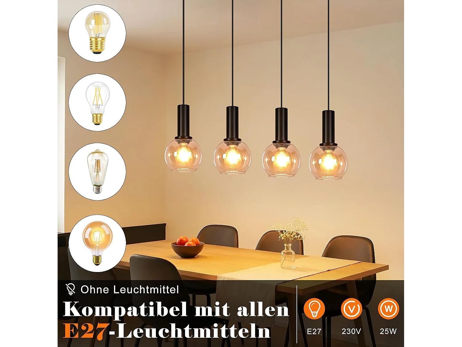 NETTLIFE Lampa wisząca ze szkła w stylu vintage z 4 żarówkami E27, żyrandol z regulacją wysokości, oświetlenie retro do jadalni i salonu (żarówki nie są dołączone)