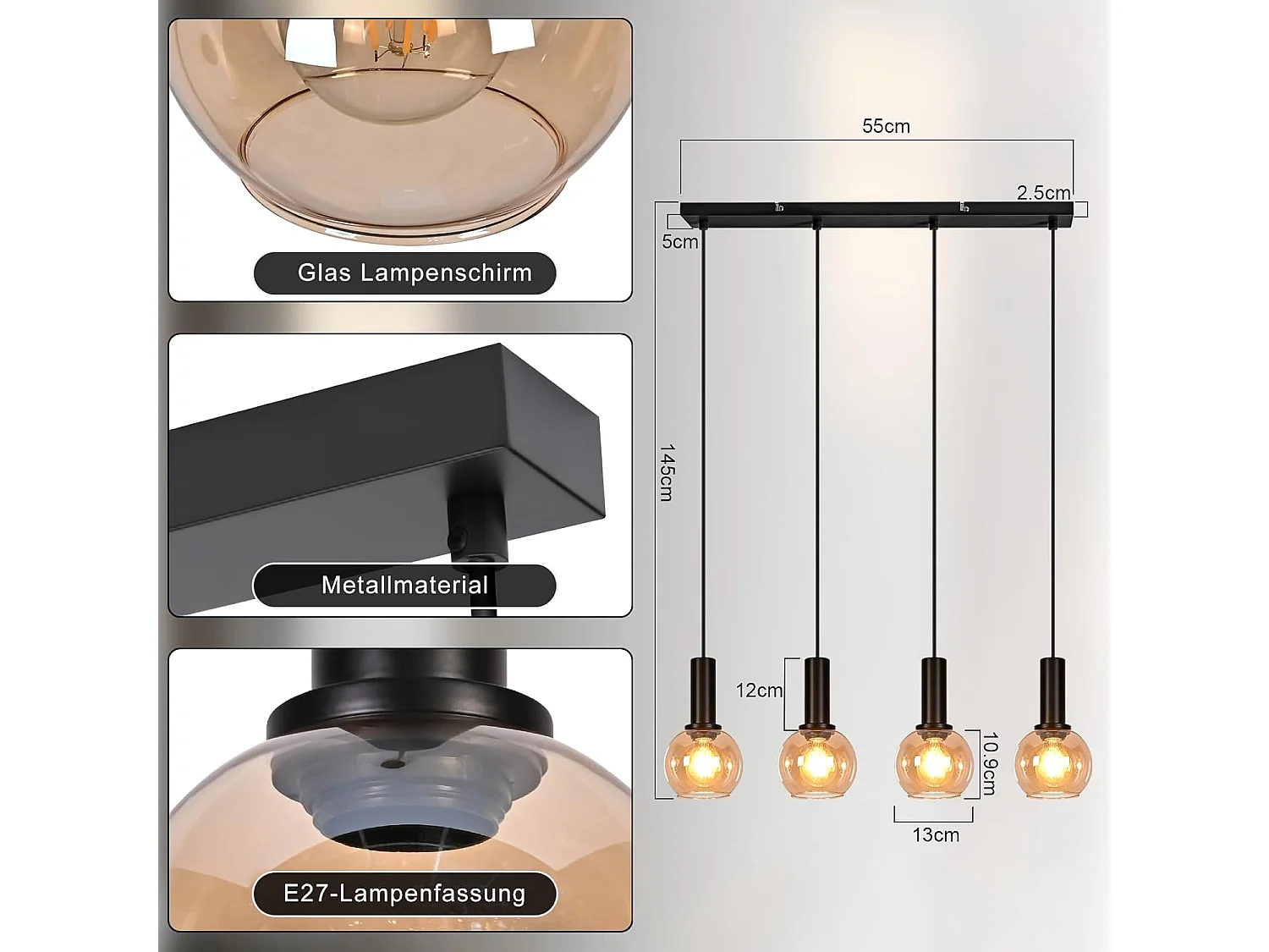 NETTLIFE Lampa wisząca ze szkła w stylu vintage z 4 żarówkami E27, żyrandol z regulacją wysokości, oświetlenie retro do jadalni i salonu (żarówki nie są dołączone)