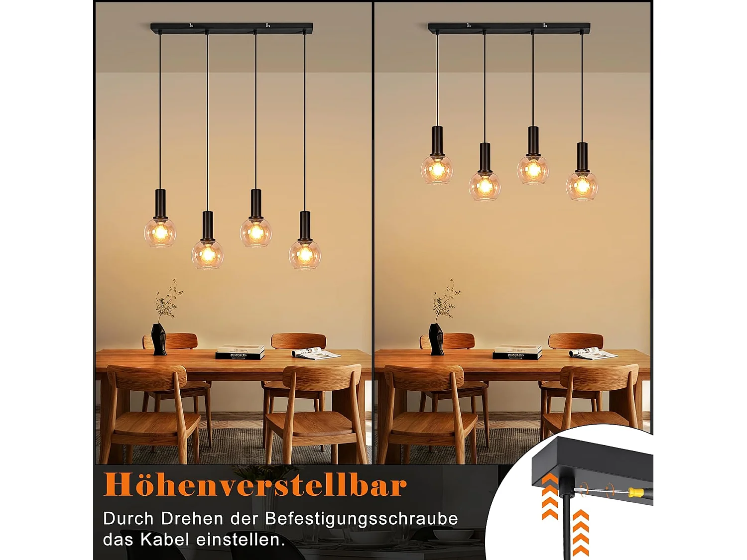 NETTLIFE Lampa wisząca ze szkła w stylu vintage z 4 żarówkami E27, żyrandol z regulacją wysokości, oświetlenie retro do jadalni i salonu (żarówki nie są dołączone)