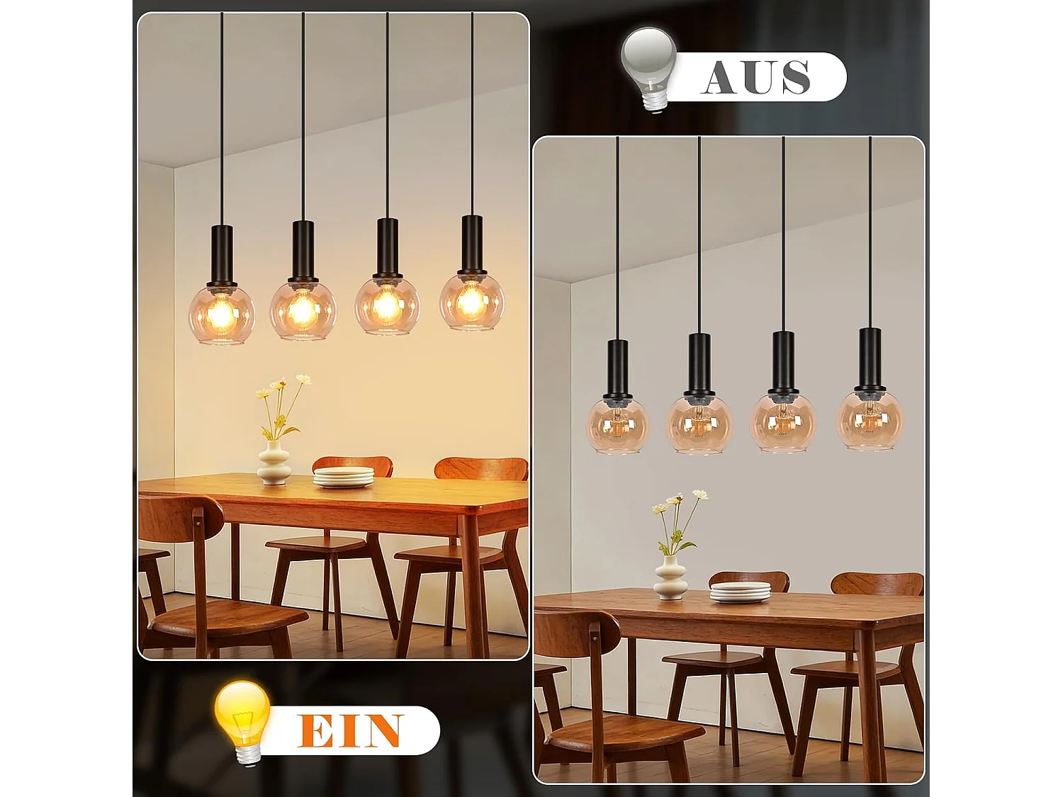 NETTLIFE Lampa wisząca ze szkła w stylu vintage z 4 żarówkami E27, żyrandol z regulacją wysokości, oświetlenie retro do jadalni i salonu (żarówki nie są dołączone)