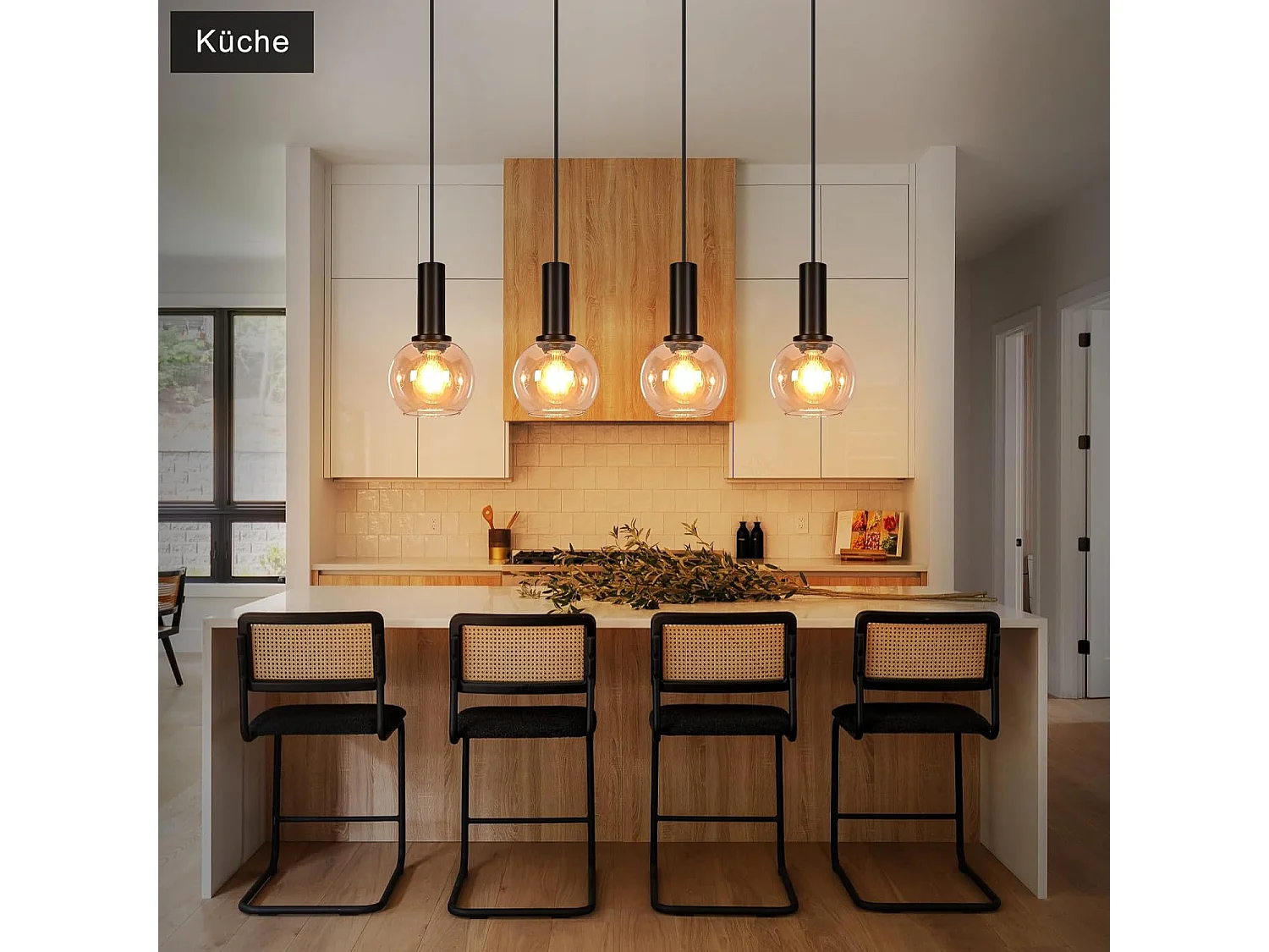 NETTLIFE Lampa wisząca ze szkła w stylu vintage z 4 żarówkami E27, żyrandol z regulacją wysokości, oświetlenie retro do jadalni i salonu (żarówki nie są dołączone)