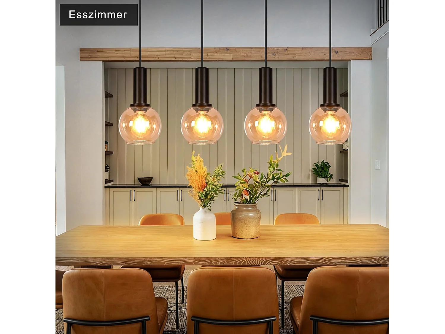 NETTLIFE Lampa wisząca ze szkła w stylu vintage z 4 żarówkami E27, żyrandol z regulacją wysokości, oświetlenie retro do jadalni i salonu (żarówki nie są dołączone)
