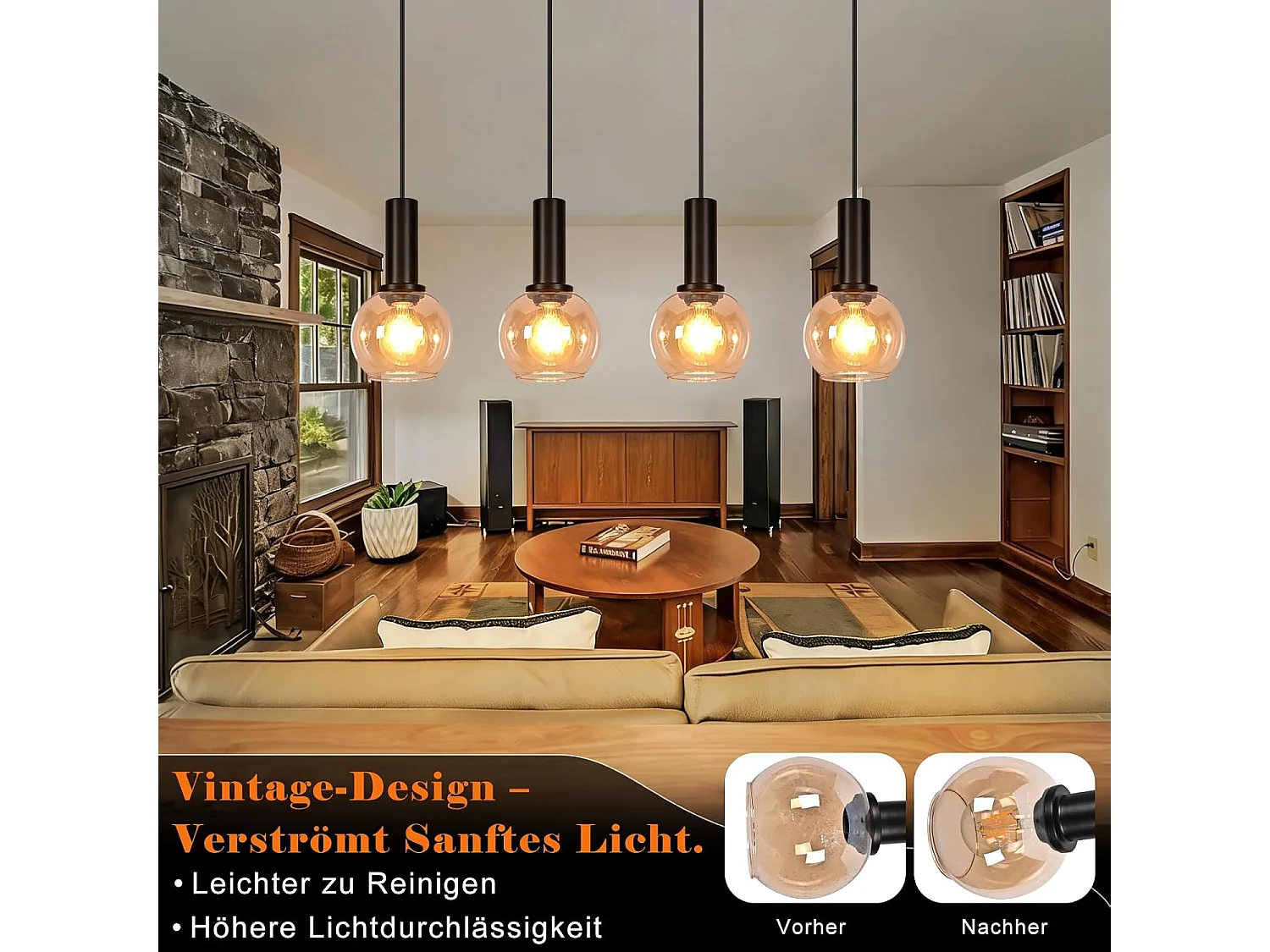 NETTLIFE Lampa wisząca ze szkła w stylu vintage z 4 żarówkami E27, żyrandol z regulacją wysokości, oświetlenie retro do jadalni i salonu (żarówki nie są dołączone)