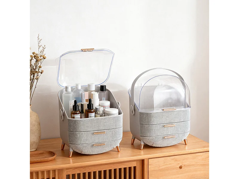 Nettlife Organisateur Maquillage Luxe, Grande Boîte Rangement Cosmétique Portable Étanche Antipoussière avec Tiroirs et Poignée pour Bureau Salle de Bain - Argent