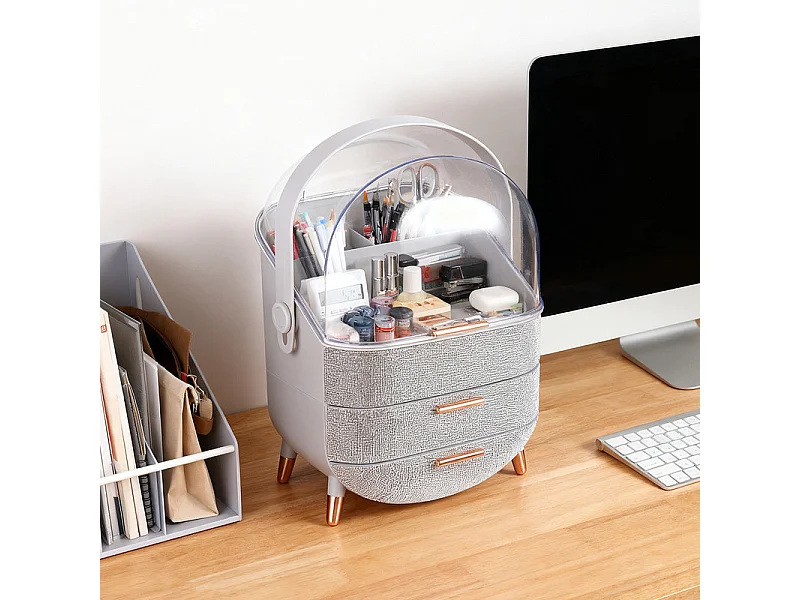 Nettlife Organisateur Maquillage Luxe, Grande Boîte Rangement Cosmétique Portable Étanche Antipoussière avec Tiroirs et Poignée pour Bureau Salle de Bain - Argent