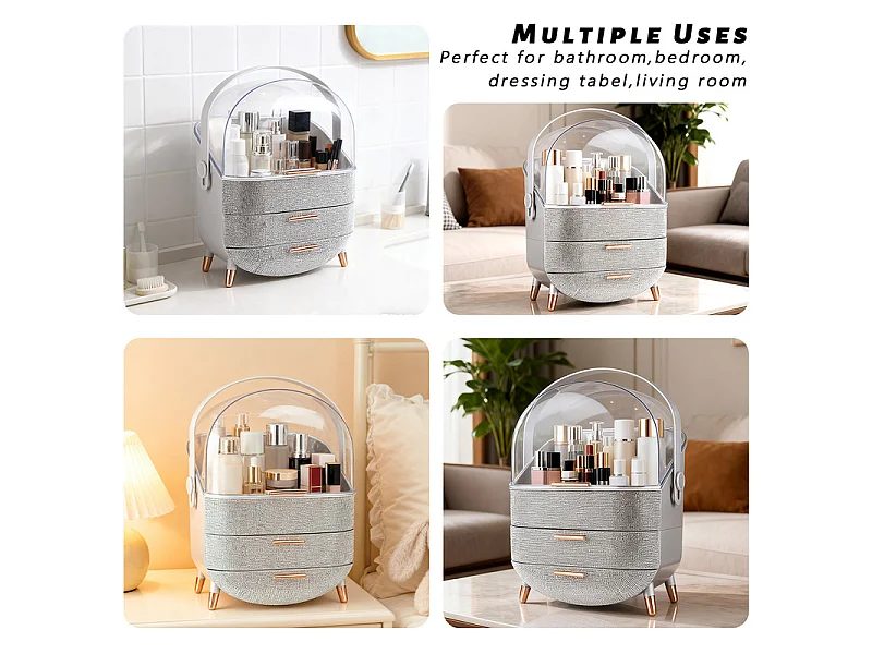 Nettlife Organisateur Maquillage Luxe, Grande Boîte Rangement Cosmétique Portable Étanche Antipoussière avec Tiroirs et Poignée pour Bureau Salle de Bain - Argent