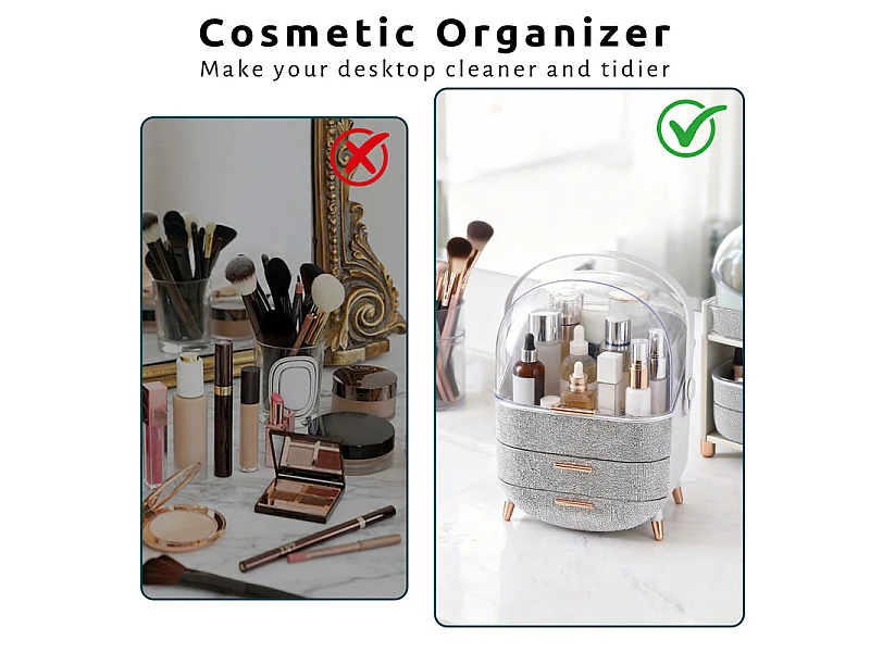 Nettlife Organisateur Maquillage Luxe, Grande Boîte Rangement Cosmétique Portable Étanche Antipoussière avec Tiroirs et Poignée pour Bureau Salle de Bain - Argent