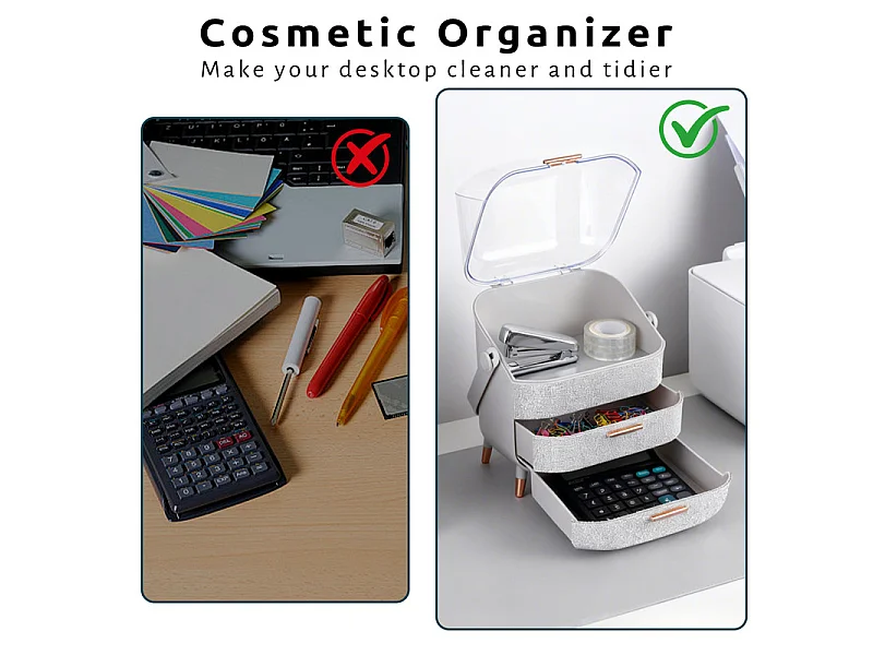 Nettlife Organisateur Maquillage Luxe, Grande Boîte Rangement Cosmétique Portable Étanche Antipoussière avec Tiroirs et Poignée pour Bureau Salle de Bain - Argent