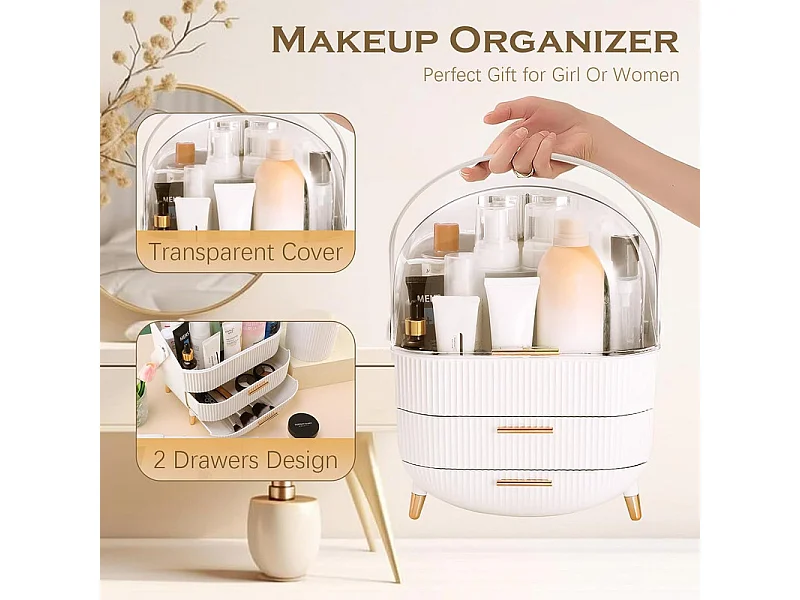 Nettlife Organisateur Maquillage Luxe, Grande Boîte Rangement Cosmétique Portable Étanche Antipoussière avec Tiroirs et Poignée pour Bureau Salle de Bain - Blanc