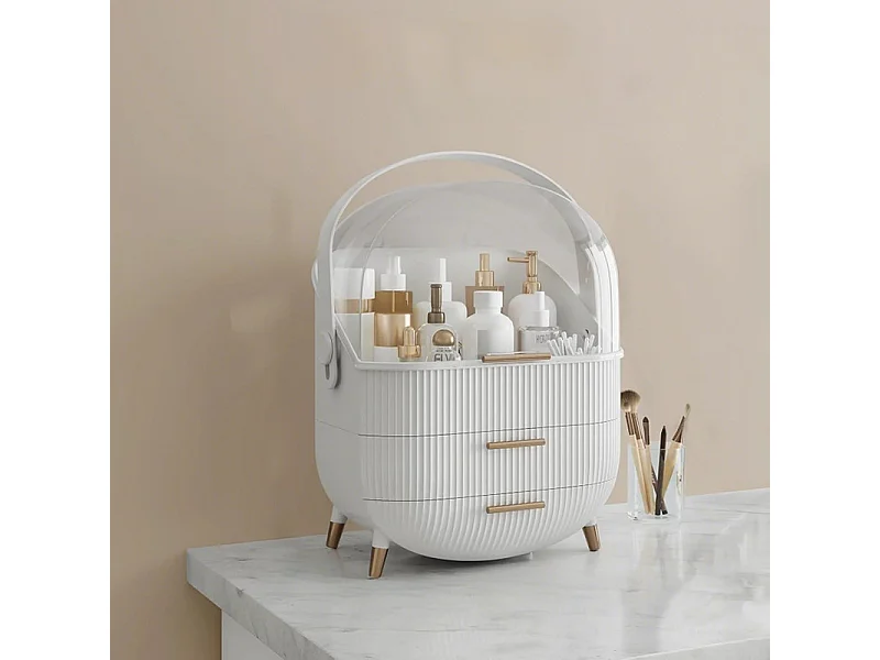 Nettlife Organisateur Maquillage Luxe, Grande Boîte Rangement Cosmétique Portable Étanche Antipoussière avec Tiroirs et Poignée pour Bureau Salle de Bain - Blanc