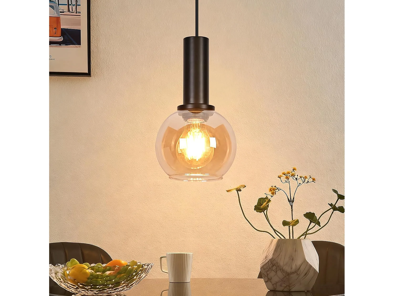 NETTLIFE Lampa wisząca ze szkła w stylu vintage, 1 żarówka E27, żyrandol w stylu retro, regulowana wysokość lampy stołowej (żarówka nie jest dołączona)