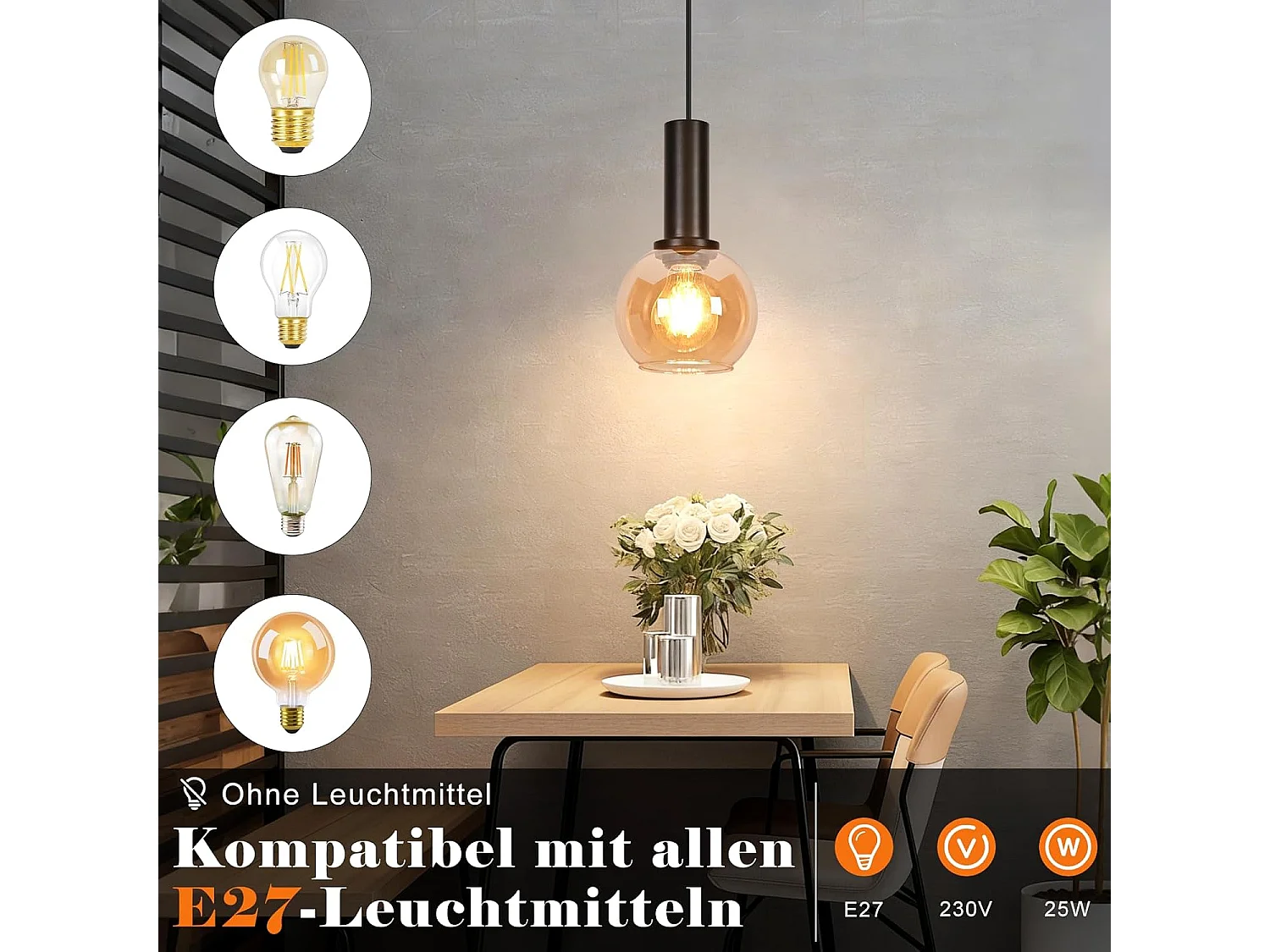NETTLIFE Lampa wisząca ze szkła w stylu vintage, 1 żarówka E27, żyrandol w stylu retro, regulowana wysokość lampy stołowej (żarówka nie jest dołączona)