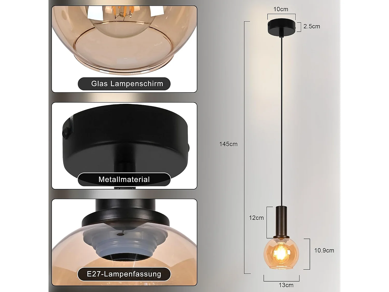 NETTLIFE Lampa wisząca ze szkła w stylu vintage, 1 żarówka E27, żyrandol w stylu retro, regulowana wysokość lampy stołowej (żarówka nie jest dołączona)