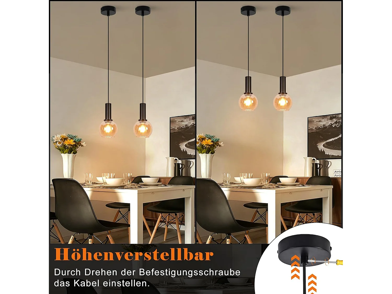NETTLIFE Lampa wisząca ze szkła w stylu vintage, 1 żarówka E27, żyrandol w stylu retro, regulowana wysokość lampy stołowej (żarówka nie jest dołączona)