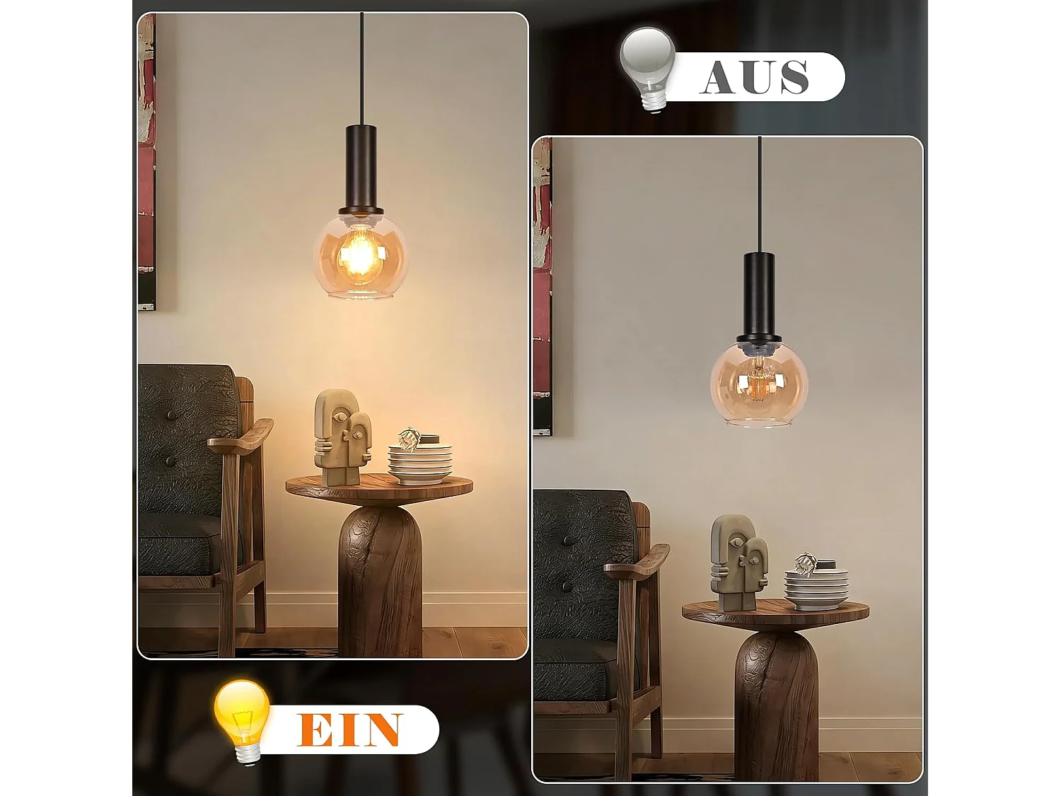 NETTLIFE Lampa wisząca ze szkła w stylu vintage, 1 żarówka E27, żyrandol w stylu retro, regulowana wysokość lampy stołowej (żarówka nie jest dołączona)