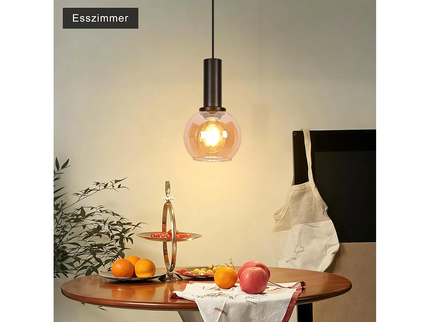 NETTLIFE Lampa wisząca ze szkła w stylu vintage, 1 żarówka E27, żyrandol w stylu retro, regulowana wysokość lampy stołowej (żarówka nie jest dołączona)