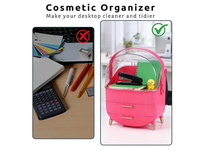 Nettlife Organisateur Maquillage Luxe, Grande Boîte Rangement Cosmétique Portable Étanche Antipoussière avec Tiroirs et Poignée pour Salle de Bain - Rose Fushia