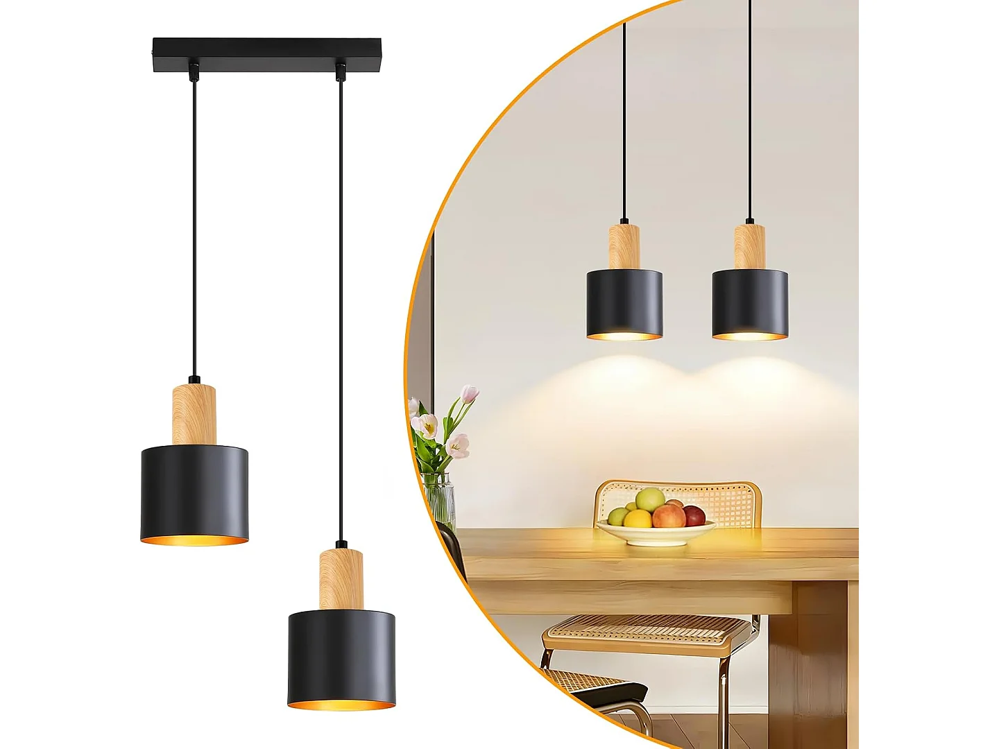 NETTLIFE Suspension Vintage Noir et Or, Lustre Salle à Manger E27 2 Lampes, Luminaire de Cuisine Hauteur Réglable pour Table et Îlot, Sans Ampoule
