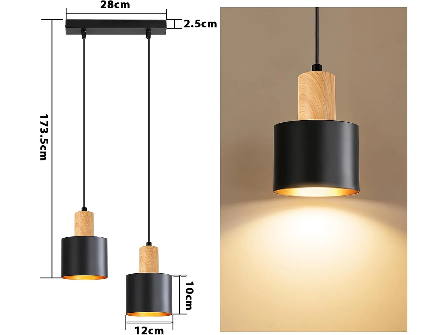 NETTLIFE Suspension Vintage Noir et Or, Lustre Salle à Manger E27 2 Lampes, Luminaire de Cuisine Hauteur Réglable pour Table et Îlot, Sans Ampoule