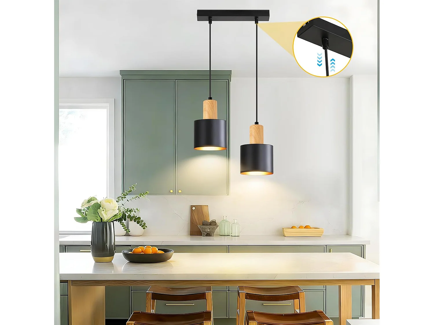 NETTLIFE Suspension Vintage Noir et Or, Lustre Salle à Manger E27 2 Lampes, Luminaire de Cuisine Hauteur Réglable pour Table et Îlot, Sans Ampoule