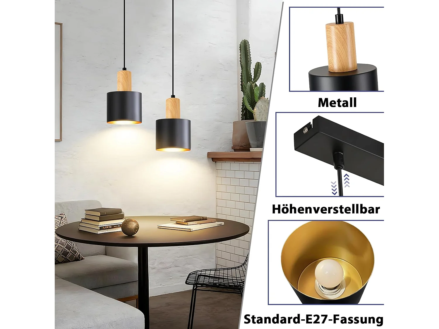 NETTLIFE Suspension Vintage Noir et Or, Lustre Salle à Manger E27 2 Lampes, Luminaire de Cuisine Hauteur Réglable pour Table et Îlot, Sans Ampoule