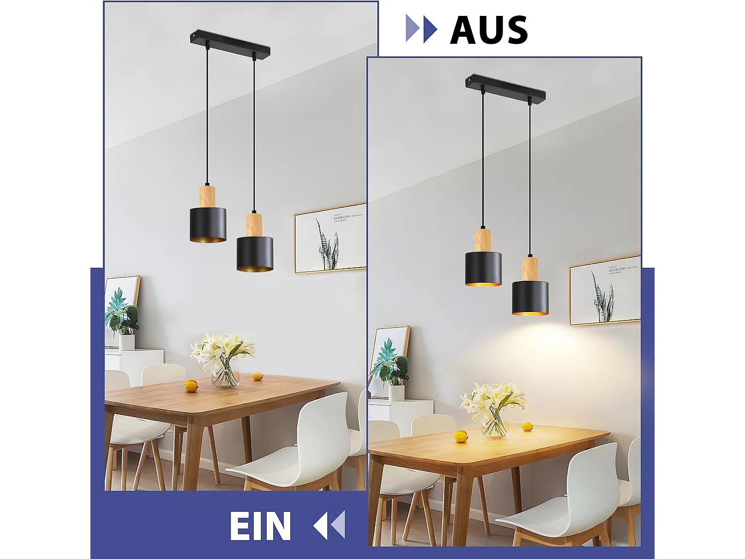 NETTLIFE Suspension Vintage Noir et Or, Lustre Salle à Manger E27 2 Lampes, Luminaire de Cuisine Hauteur Réglable pour Table et Îlot, Sans Ampoule