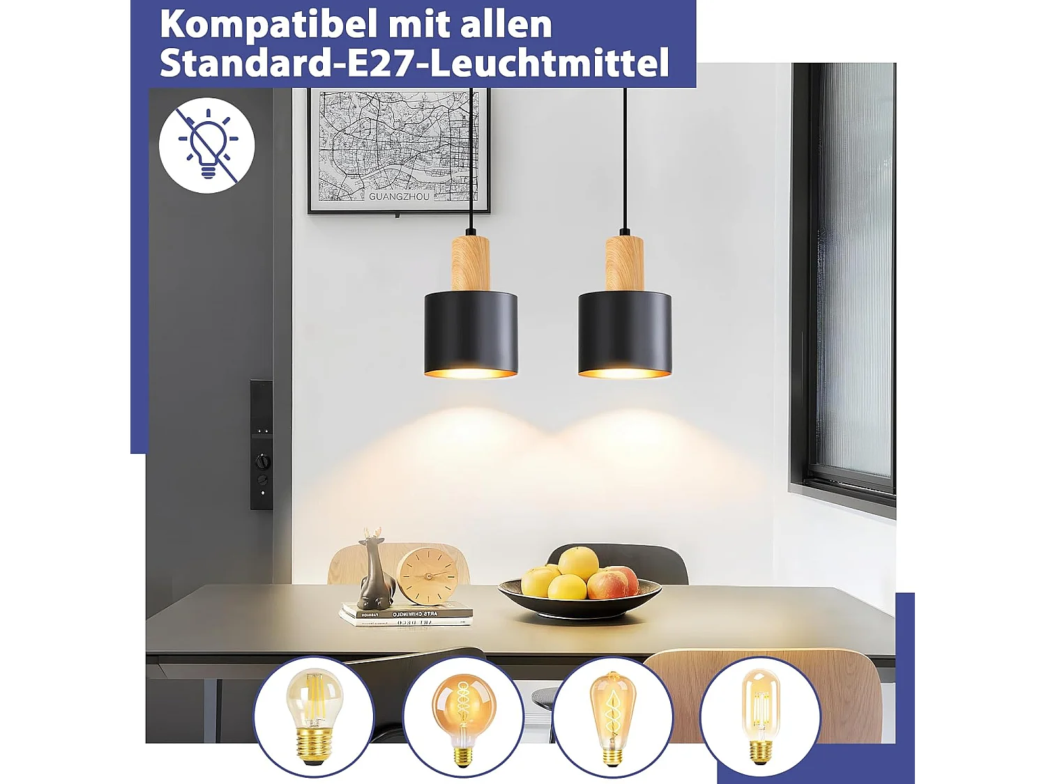 NETTLIFE Suspension Vintage Noir et Or, Lustre Salle à Manger E27 2 Lampes, Luminaire de Cuisine Hauteur Réglable pour Table et Îlot, Sans Ampoule