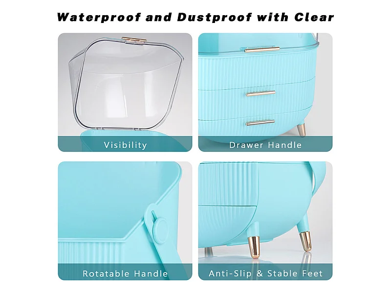 Nettlife Organisateur Maquillage Luxe, Grande Boîte Rangement Cosmétique Portable Étanche Antipoussière avec Tiroirs et Poignée pour Salle de Bain - Bleu Clair
