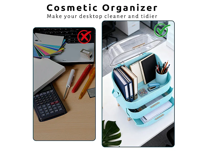Nettlife Organisateur Maquillage Luxe, Grande Boîte Rangement Cosmétique Portable Étanche Antipoussière avec Tiroirs et Poignée pour Salle de Bain - Bleu Clair