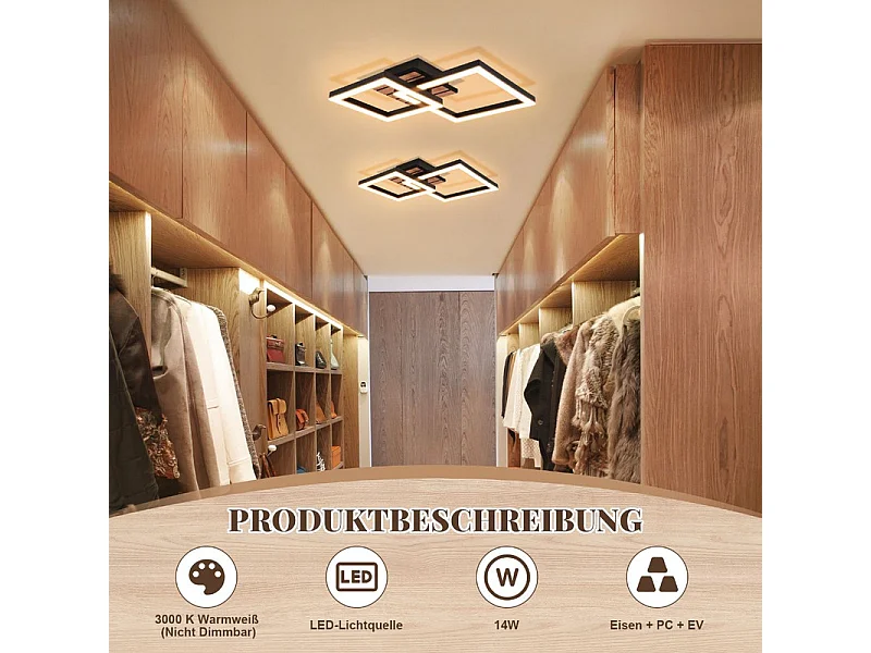 NETTLIFE - LED-Deckenleuchte ZMH 14W 3000K warmweiß, Holz schwarz, quadratisch, Klasse E