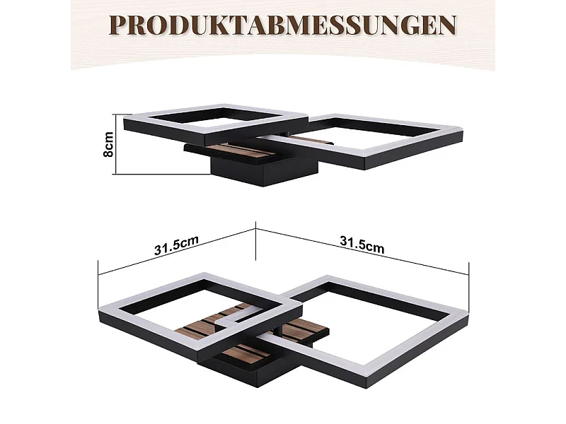 NETTLIFE - LED-Deckenleuchte ZMH 14W 3000K warmweiß, Holz schwarz, quadratisch, Klasse E