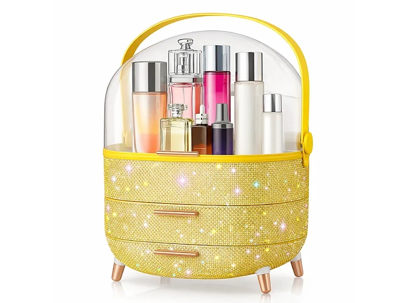 Nettlife Organisateur Maquillage Luxe, Grande Boîte Rangement Cosmétique Portable Étanche Antipoussière avec Tiroirs et Poignée pour Bureau Salle de Bain - Doré