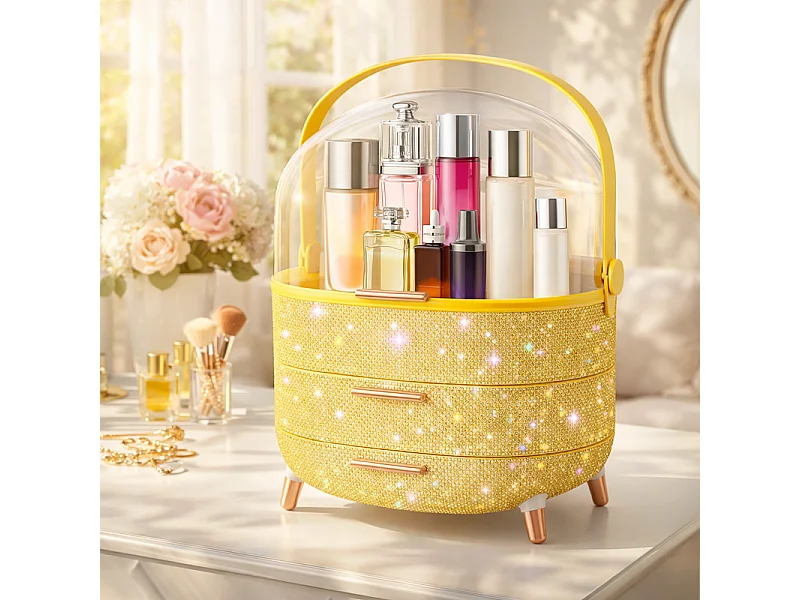 Nettlife Organisateur Maquillage Luxe, Grande Boîte Rangement Cosmétique Portable Étanche Antipoussière avec Tiroirs et Poignée pour Bureau Salle de Bain - Doré