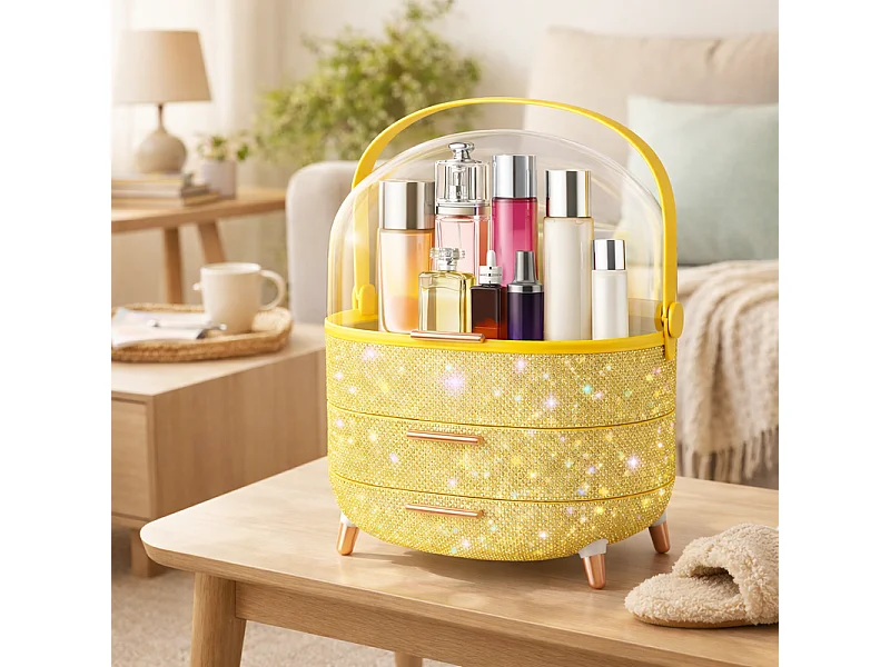 Nettlife Organisateur Maquillage Luxe, Grande Boîte Rangement Cosmétique Portable Étanche Antipoussière avec Tiroirs et Poignée pour Bureau Salle de Bain - Doré