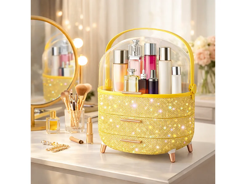 Nettlife Organisateur Maquillage Luxe, Grande Boîte Rangement Cosmétique Portable Étanche Antipoussière avec Tiroirs et Poignée pour Bureau Salle de Bain - Doré